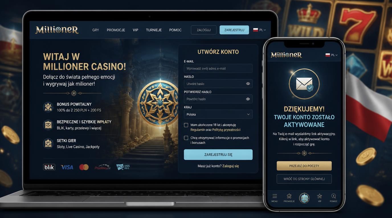 Formularz rejestracji Millioner Casino widoczny na ekranie, użytkownik otrzymujący potwierdzenie aktywacji konta