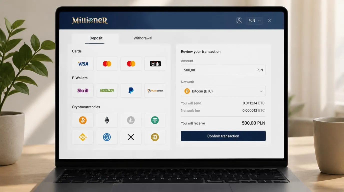 Panel kasy z kartami, portfelami elektronicznymi i kryptowalutami oraz wyborem waluty PLN