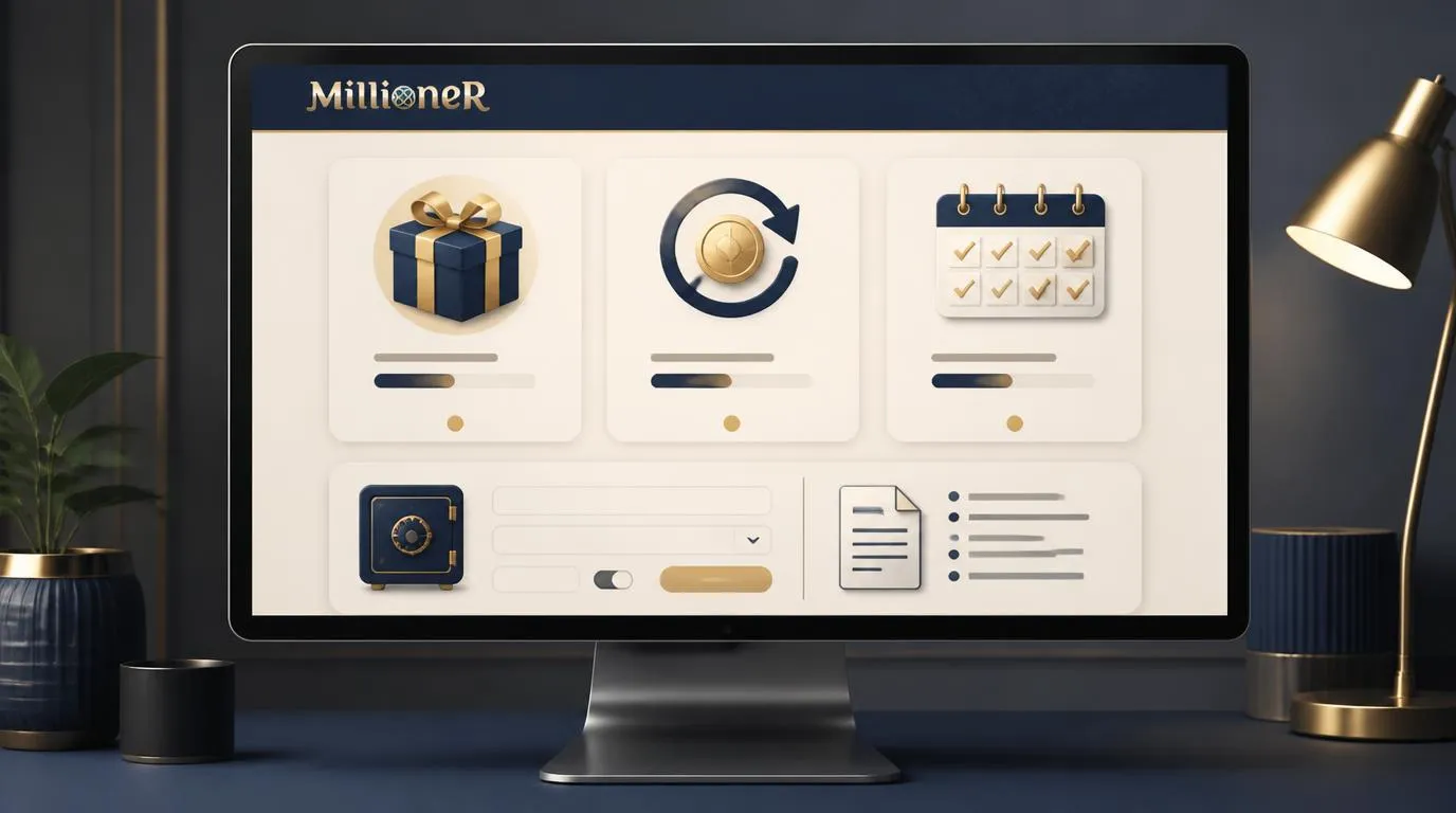 Trzy karty promocji kasynowych z symbolem prezentu, cashbacku i kalendarza misji tygodniowych