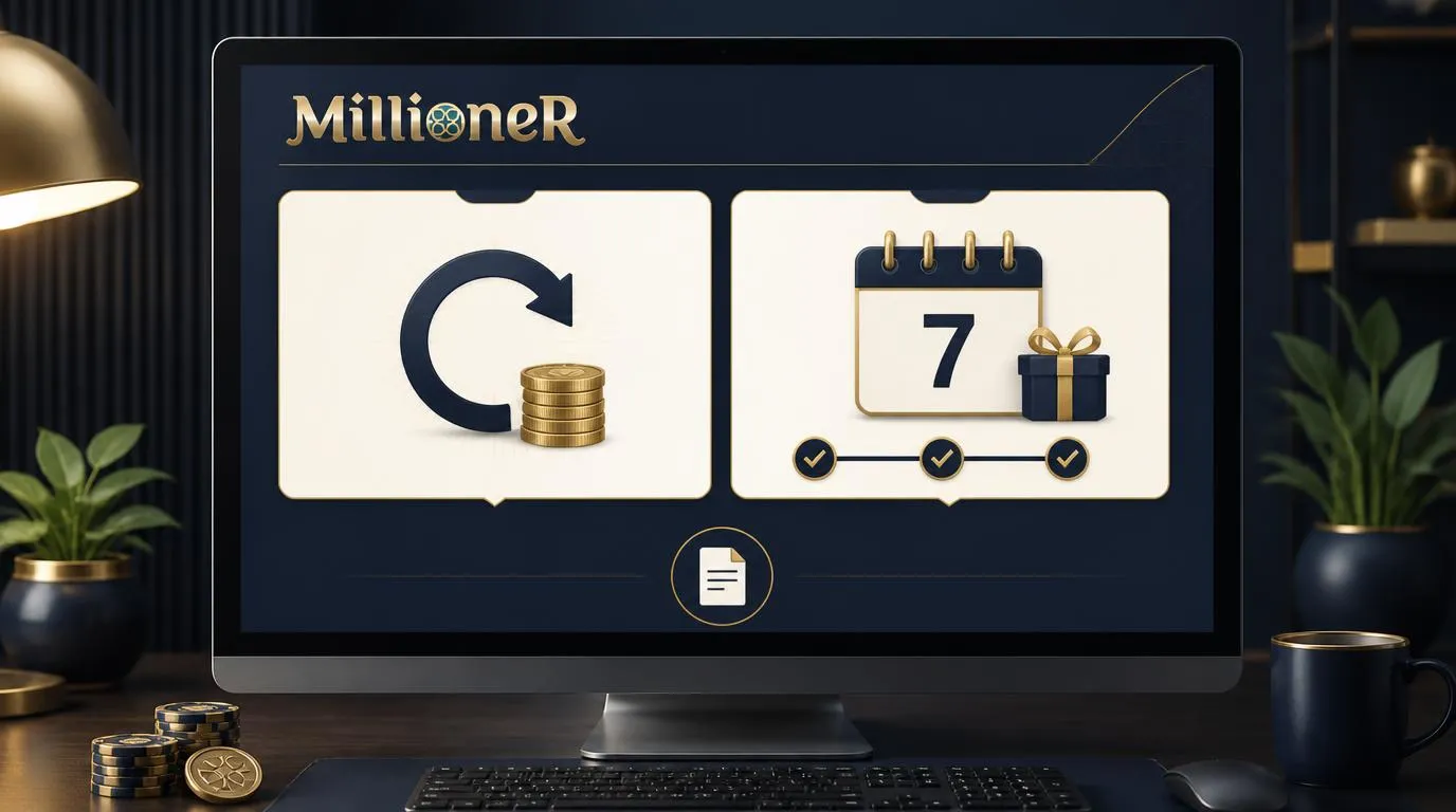 Panel promocji kasynowych z kartami cashbacku, tygodniowych misji i kalendarzem nagród