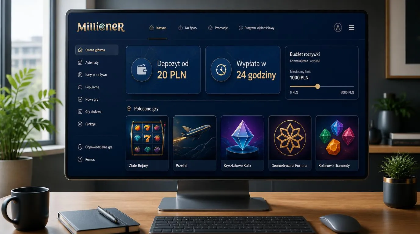 Koncepcyjny panel kasyna z depozytem 20 PLN, wypłatą w 24 godziny i kafelkami gier